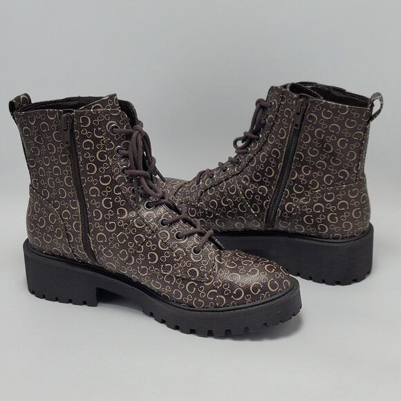 Guess Los Angeles Womens Brown Logo Ankle Combat Lace Up Boots Side Zip Sz 8.5M - Picture 10 of 12